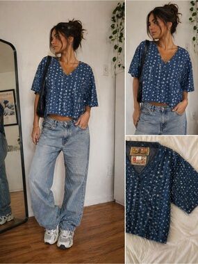 Vintage Gene Ewing BIS Denim Dot Print Boxy Top Size M